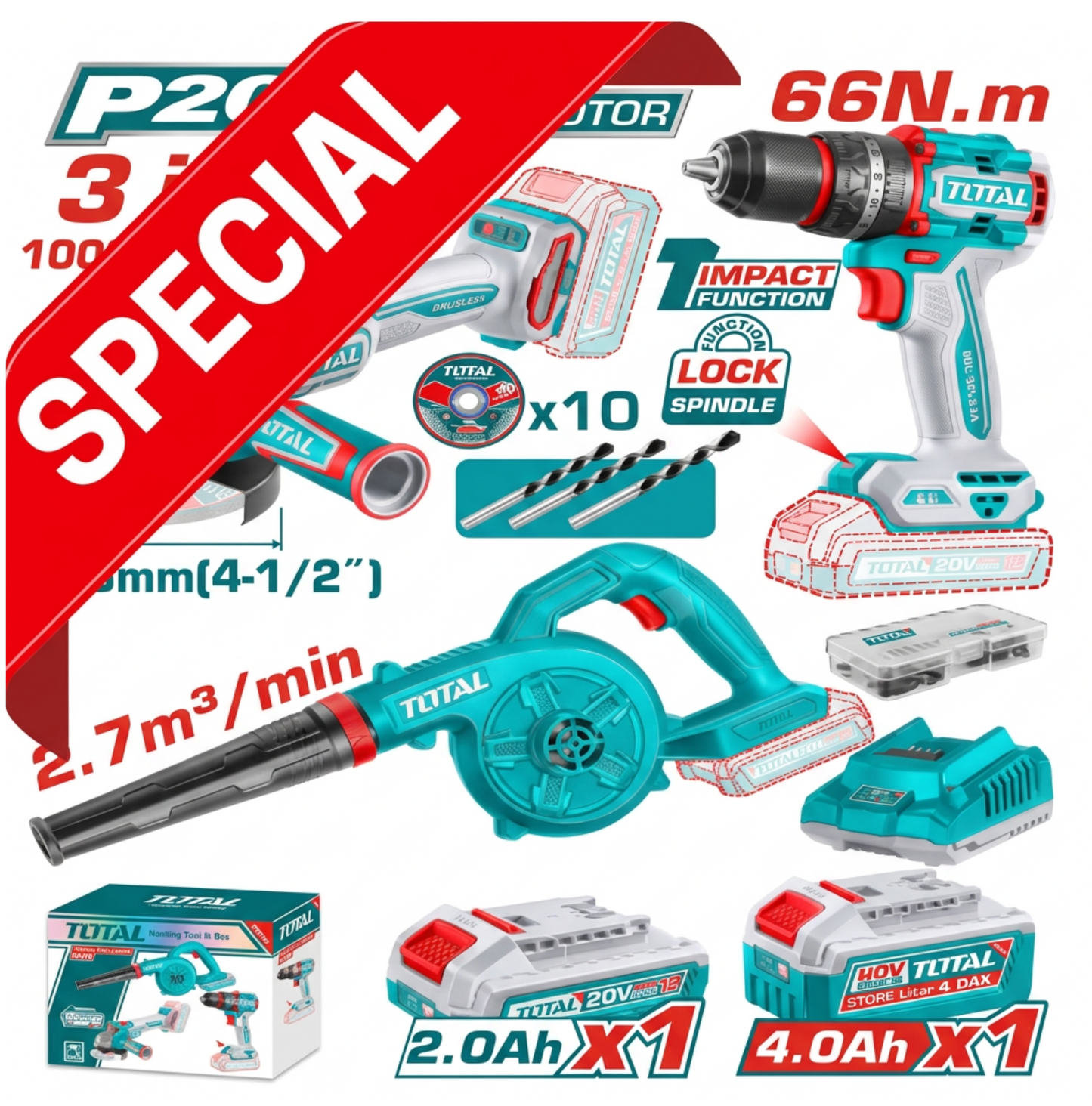 Total 20V COMBO 3PC Drill 66Nm + 115mm Grinder + Blower