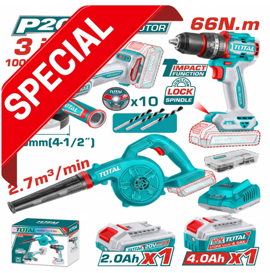 Total 20V COMBO 3PC Drill 66Nm + 115mm Grinder + Blower