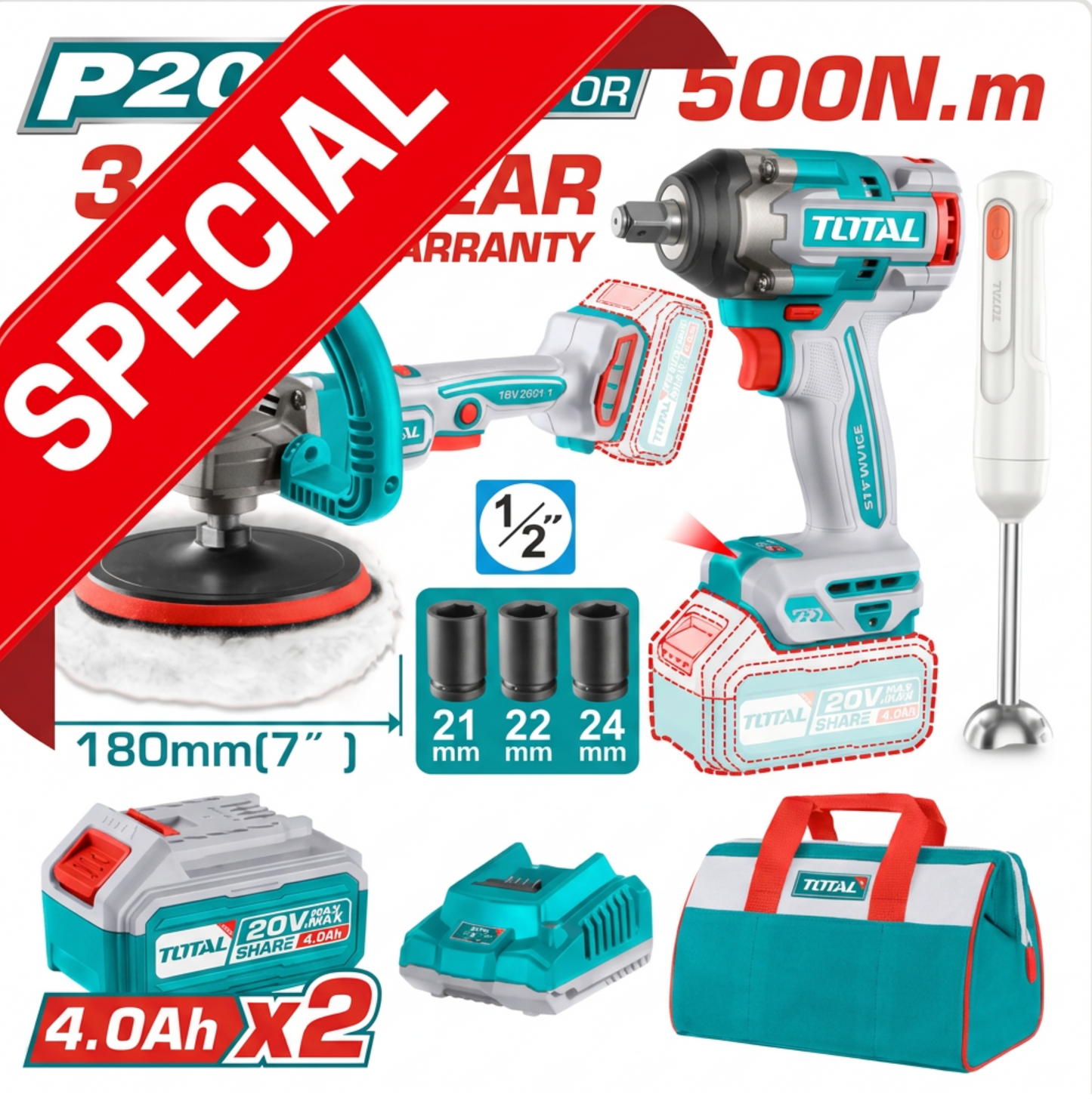 Total 20V COMBO 3PC Impact Wrench 500Nm + Polisher + Blender (2 × 4.0Ah Batteries)
