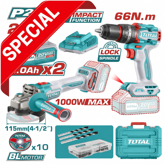 Total 20V COMBO 2PC Drill 66nm+115 Grinder+2x4AH Batteries