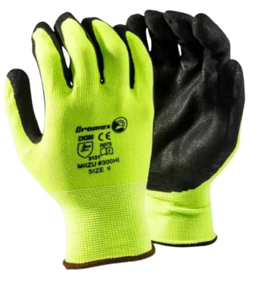 Dromex Hi-Viz Nylon Gloves. Latex coated. Large. (10367963955384)