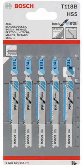 Bosch - Jigsaw blades for Metal  - HSS T118 B - Basic - 5pack - Medium-thick sheet metal